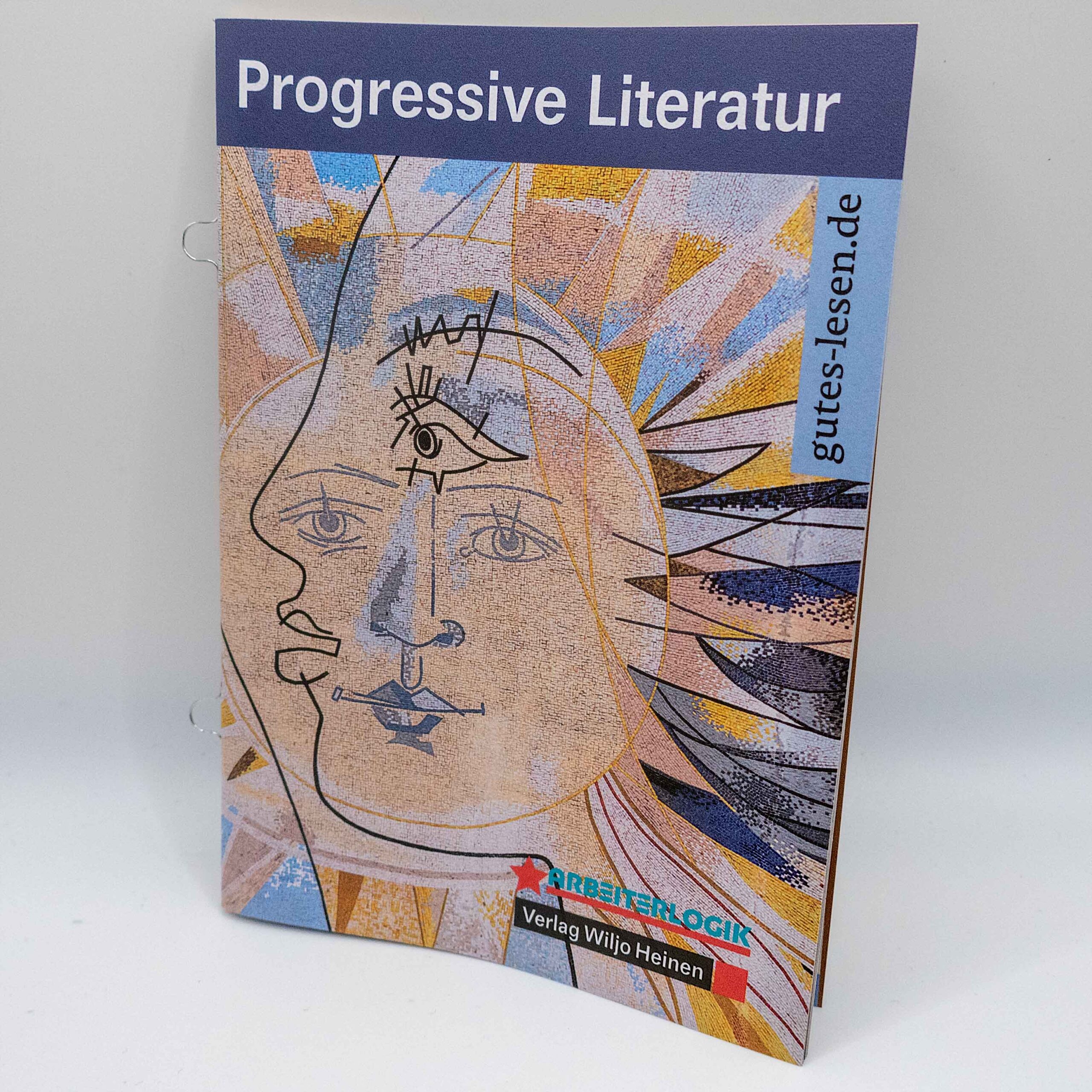 Verlagskatalog 2023, Vorderseite Ein Ausscnutt aus Womackas »Frieden«, übertitelt ist der Katalg mit »Progressive Literatur«; am rechten Rand die Adresse der Website: gutes-lesen.de
